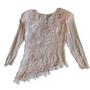 Vintage Mark Cheung Medium Beaded Sequin Sheer Blouse Pink 80s 90s Designer